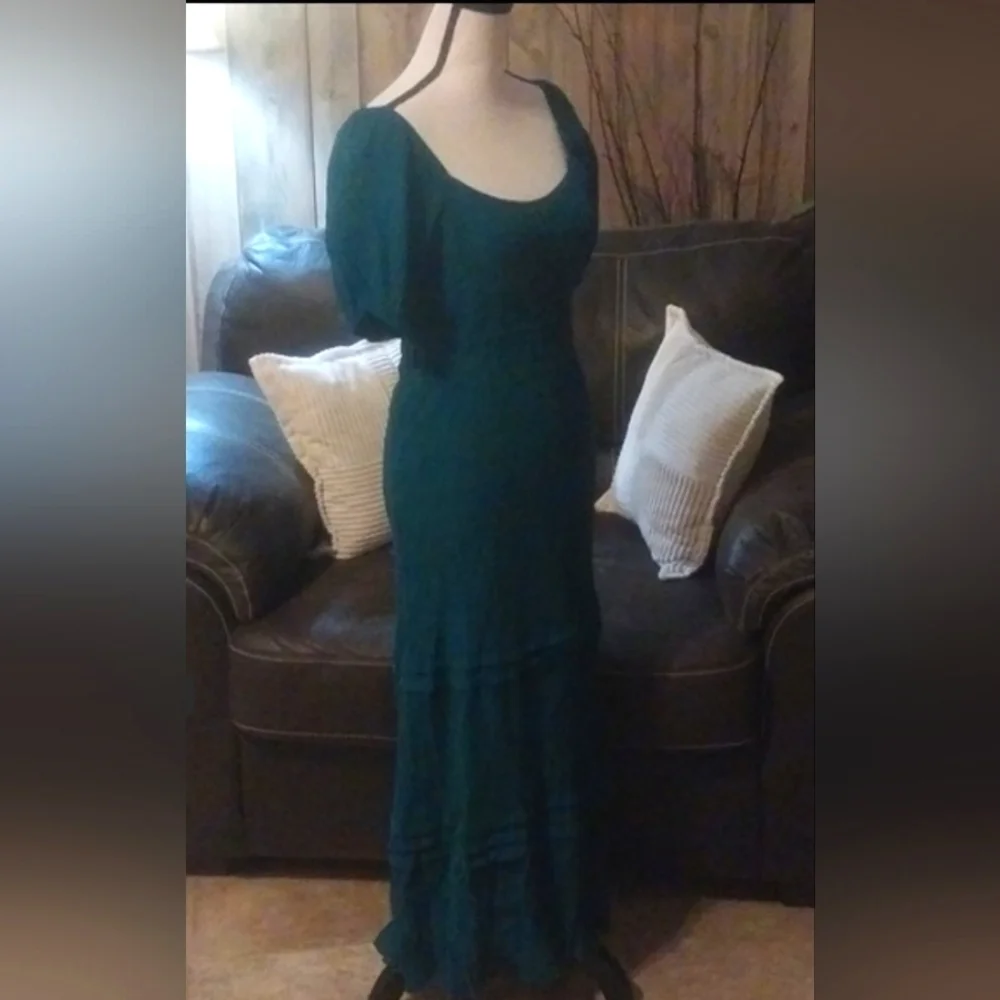 Max + Ash Teal Emerald Green Smocked Gauzy Tiered Puff Sleeve Maxi Dress‎ Boho - Picture 4 of 8